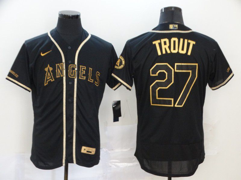 Men Los Angeles Angels 27 Trout Black Retro gold character Nike MLB Jerseys